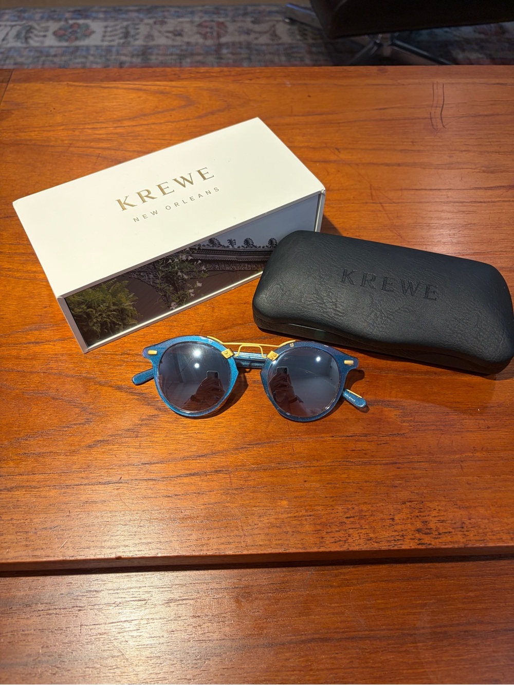 KREWE St. Louis Mirrored Blue Opal 24K Sunglasses with Box and Case